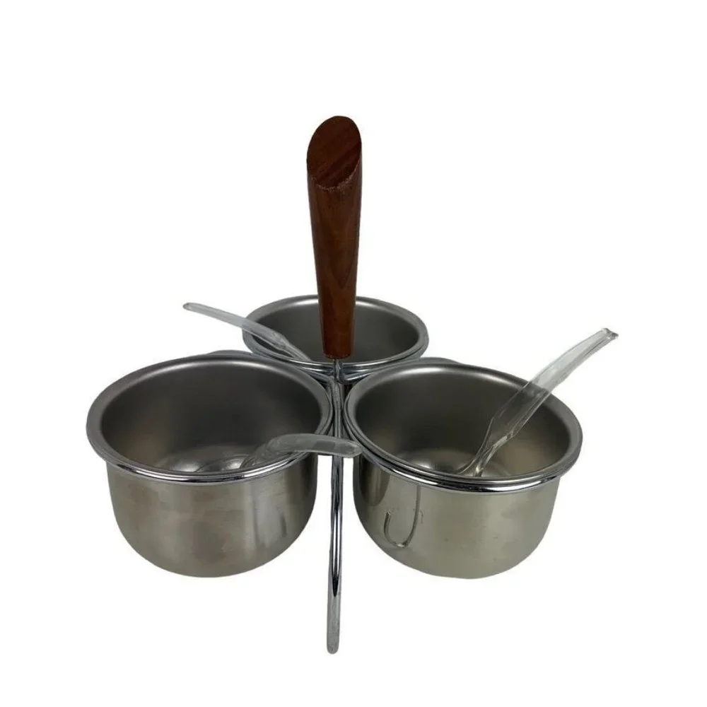 Vintage Midcentury 3 Bowl Condiment Caddy Metal Wood Handle Plastic Spoons‎